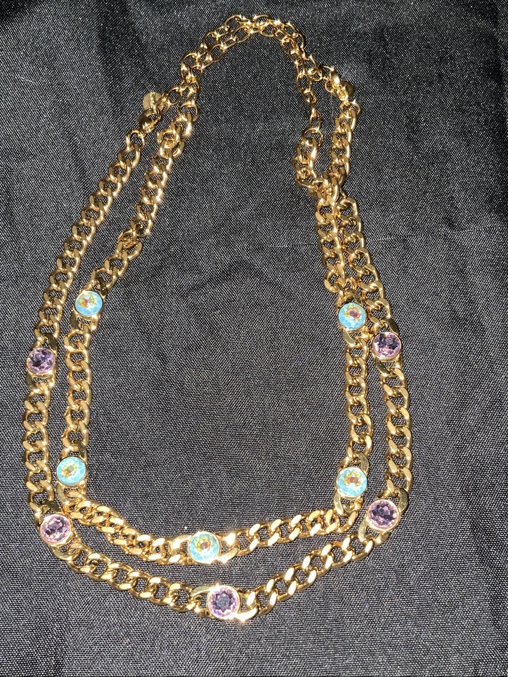 Gold Chain Necklace with Aqua and Lavender Crystal Accents - Women Jewelry
